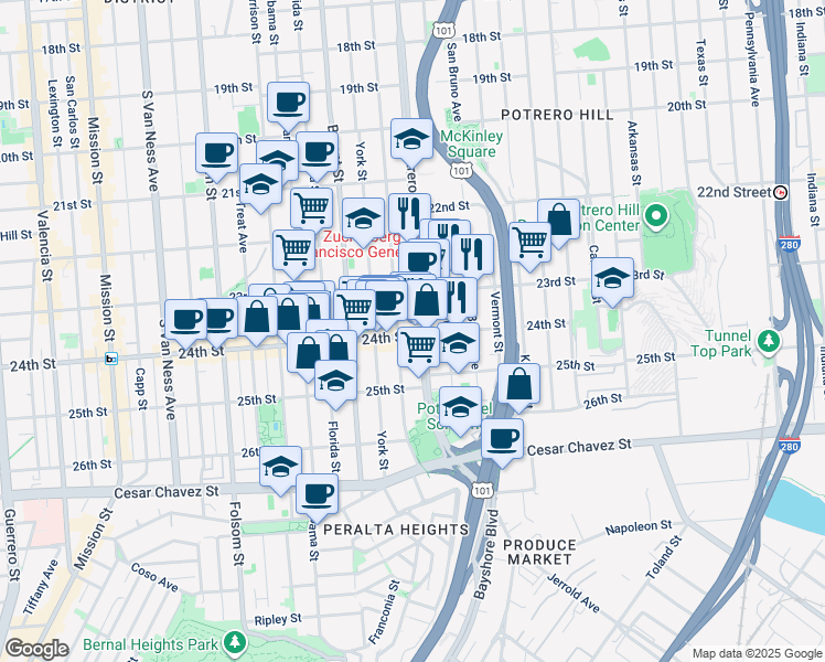 map of restaurants, bars, coffee shops, grocery stores, and more near 2704 24th Street in San Francisco