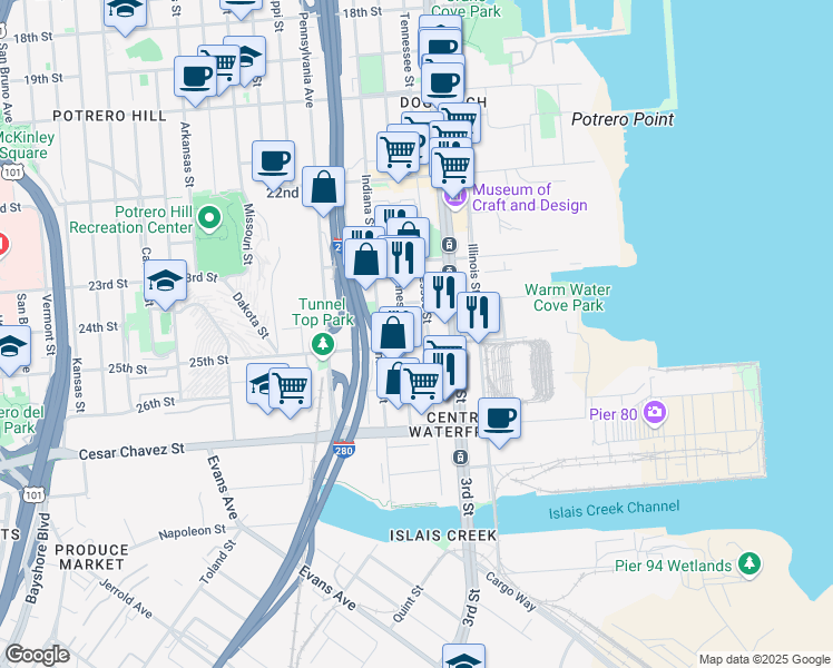map of restaurants, bars, coffee shops, grocery stores, and more near 1444 Tennessee Street in San Francisco
