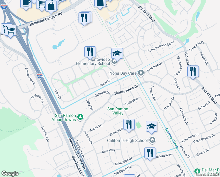 map of restaurants, bars, coffee shops, grocery stores, and more near 210 Duxbury Court in San Ramon