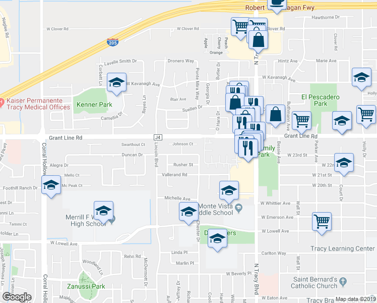 map of restaurants, bars, coffee shops, grocery stores, and more near 1165 Duncan Drive in Tracy