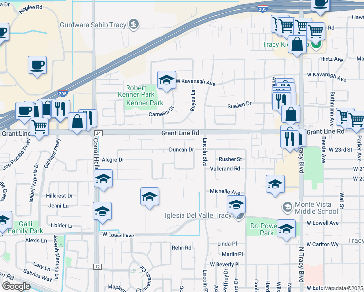map of restaurants, bars, coffee shops, grocery stores, and more near 1622 Swarthout Court in Tracy