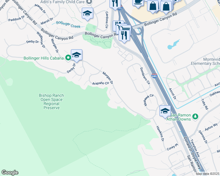 map of restaurants, bars, coffee shops, grocery stores, and more near 44 Apache Court in San Ramon