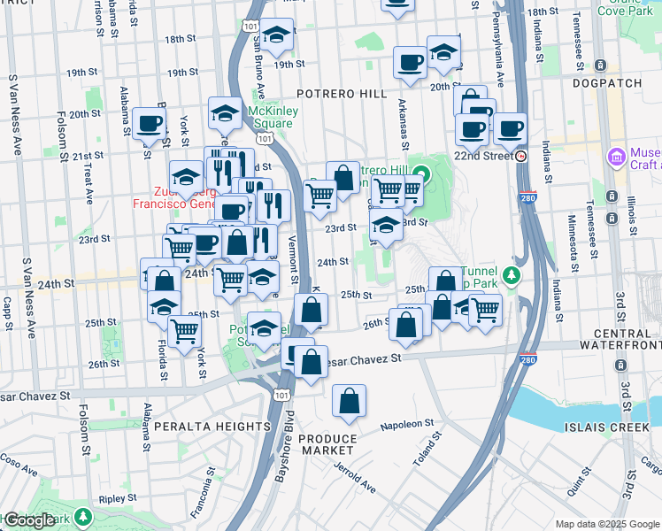 map of restaurants, bars, coffee shops, grocery stores, and more near 2205 24th Street in San Francisco