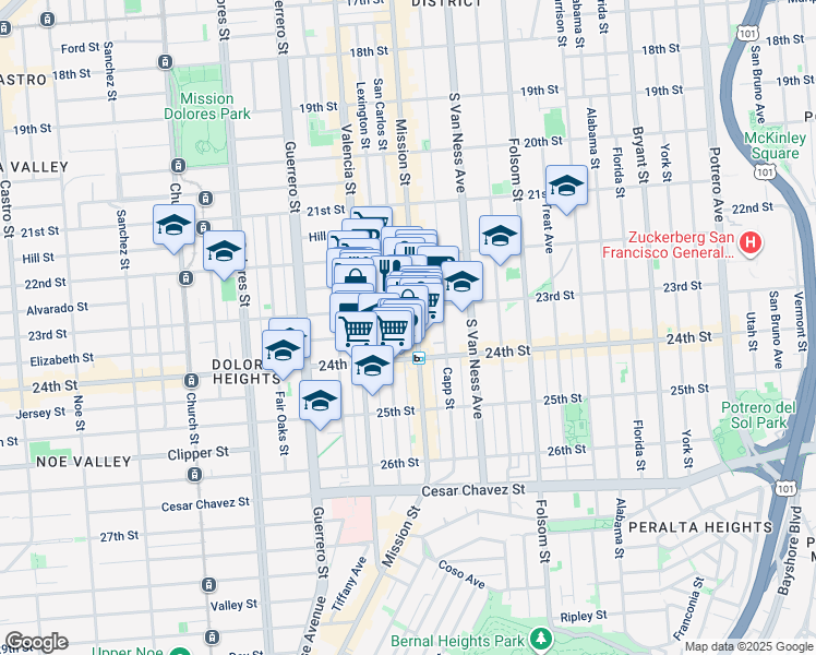 map of restaurants, bars, coffee shops, grocery stores, and more near 2738 Mission Street in San Francisco