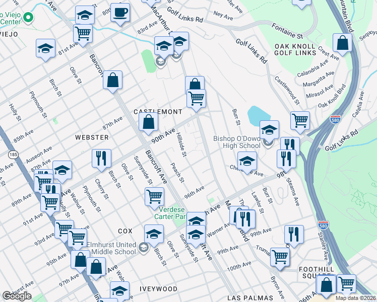 map of restaurants, bars, coffee shops, grocery stores, and more near 2452 Casa Court in Oakland