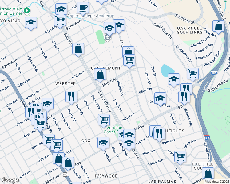 map of restaurants, bars, coffee shops, grocery stores, and more near 9207 Hillside Street in Oakland