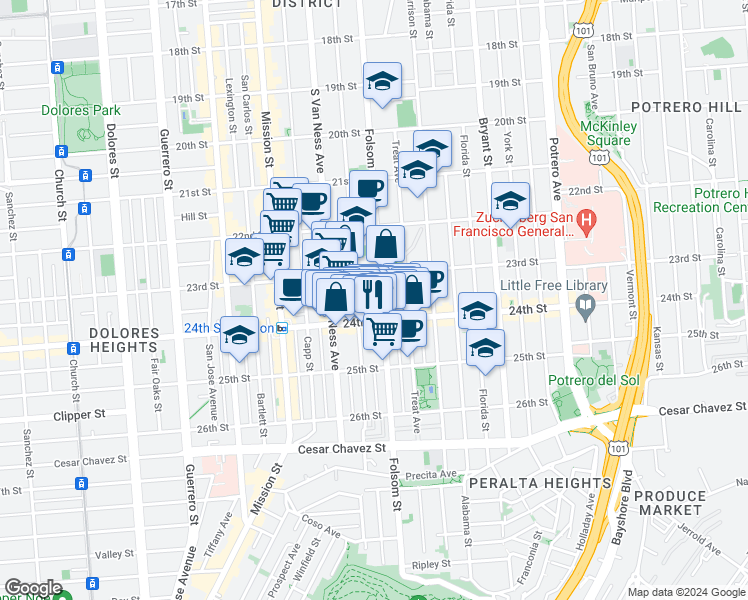 map of restaurants, bars, coffee shops, grocery stores, and more near 937 Shotwell Street in San Francisco