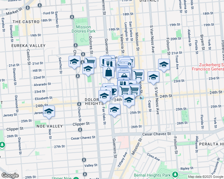 map of restaurants, bars, coffee shops, grocery stores, and more near 3555 23rd Street in San Francisco