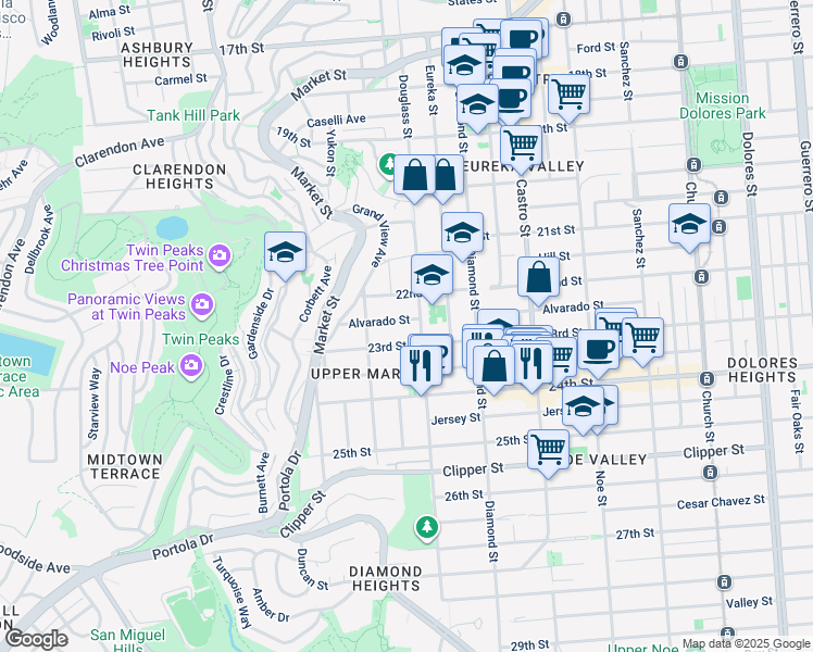 map of restaurants, bars, coffee shops, grocery stores, and more near 640 Douglass Street in San Francisco