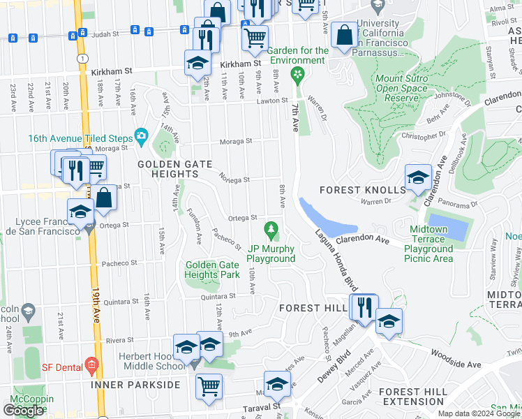 map of restaurants, bars, coffee shops, grocery stores, and more near 1861 9th Avenue in San Francisco