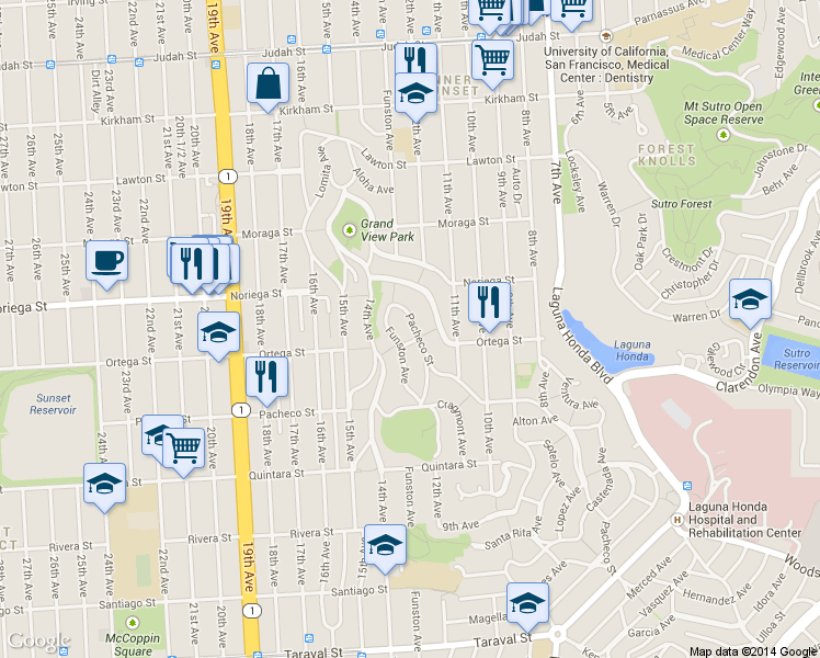 map of restaurants, bars, coffee shops, grocery stores, and more near 830 Pacheco Street in San Francisco