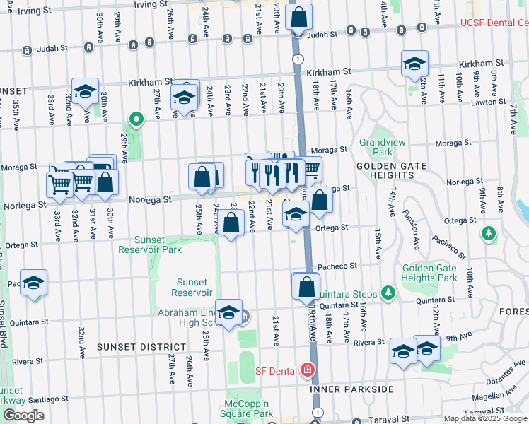 map of restaurants, bars, coffee shops, grocery stores, and more near 1828 22nd Avenue in San Francisco