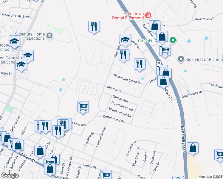 map of restaurants, bars, coffee shops, grocery stores, and more near 1017 Merrick Drive in Richmond