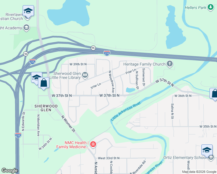 map of restaurants, bars, coffee shops, grocery stores, and more near 3870 North Friar Lane in Wichita