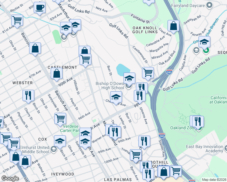 map of restaurants, bars, coffee shops, grocery stores, and more near 9410 Burr Street in Oakland