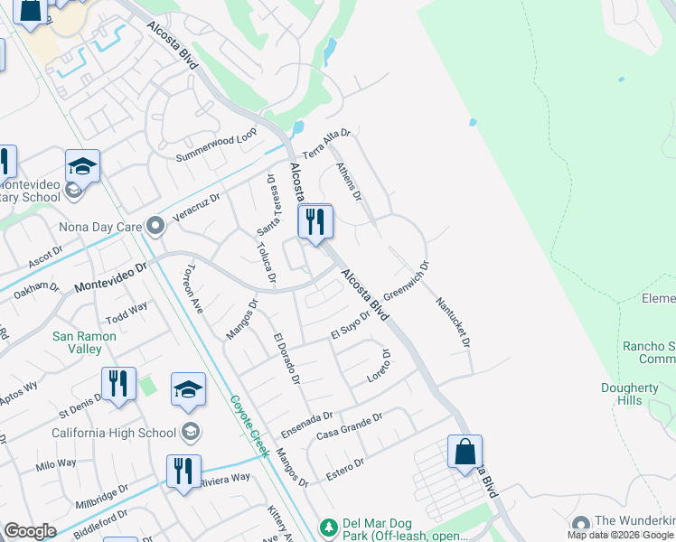map of restaurants, bars, coffee shops, grocery stores, and more near 3360 Montevideo Drive in San Ramon