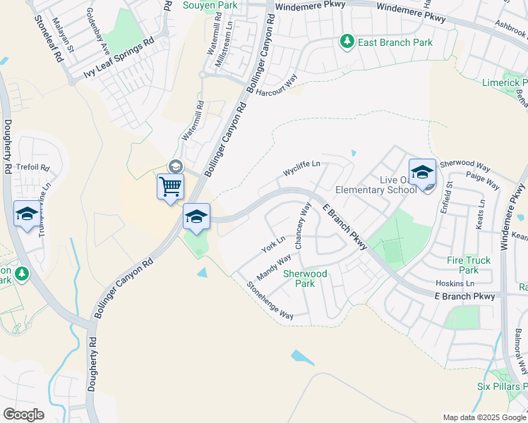 map of restaurants, bars, coffee shops, grocery stores, and more near 3055 Hastings Way in San Ramon