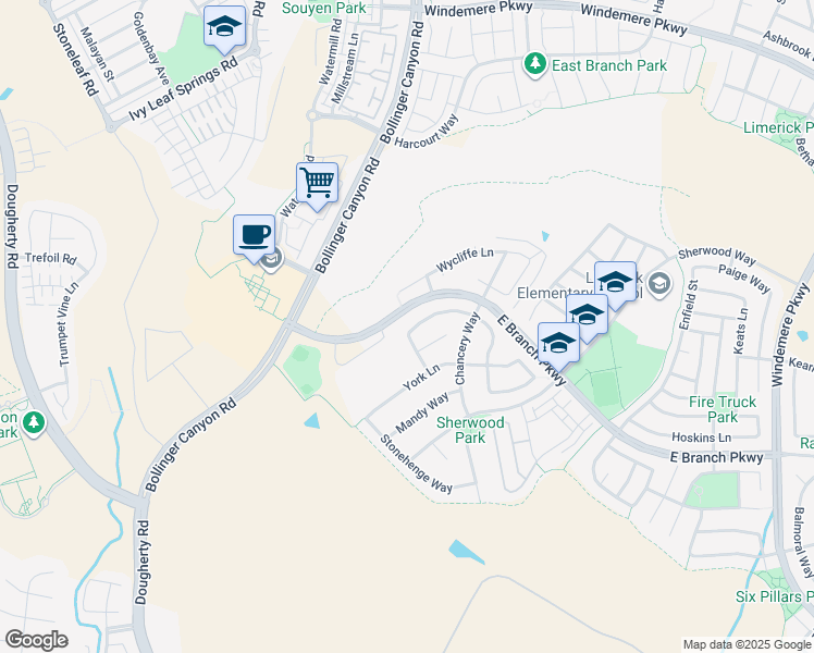 map of restaurants, bars, coffee shops, grocery stores, and more near 3055 Hastings Way in San Ramon