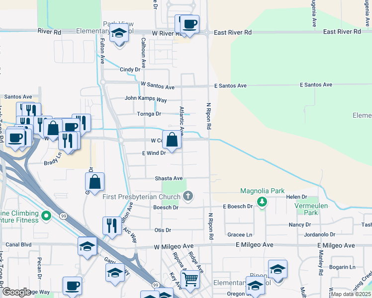 map of restaurants, bars, coffee shops, grocery stores, and more near 191 Sea Gull Court in Ripon