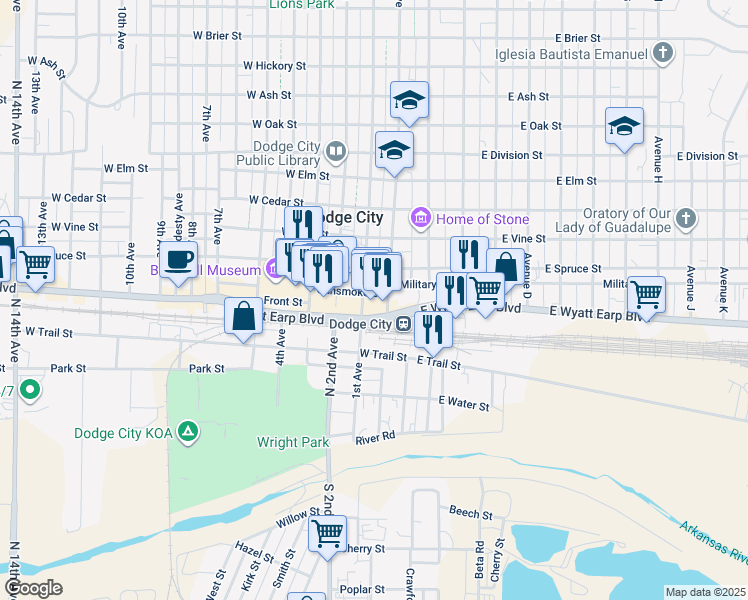 map of restaurants, bars, coffee shops, grocery stores, and more near 118 West Wyatt Earp Boulevard in Dodge City