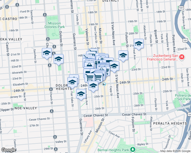 map of restaurants, bars, coffee shops, grocery stores, and more near 3351 23rd Street in San Francisco