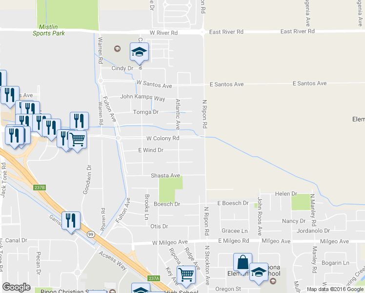 map of restaurants, bars, coffee shops, grocery stores, and more near 191 Sea Gull Court in Ripon
