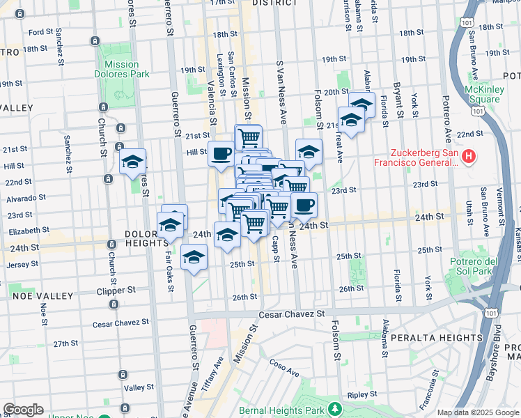 map of restaurants, bars, coffee shops, grocery stores, and more near 2729 Mission Street in San Francisco