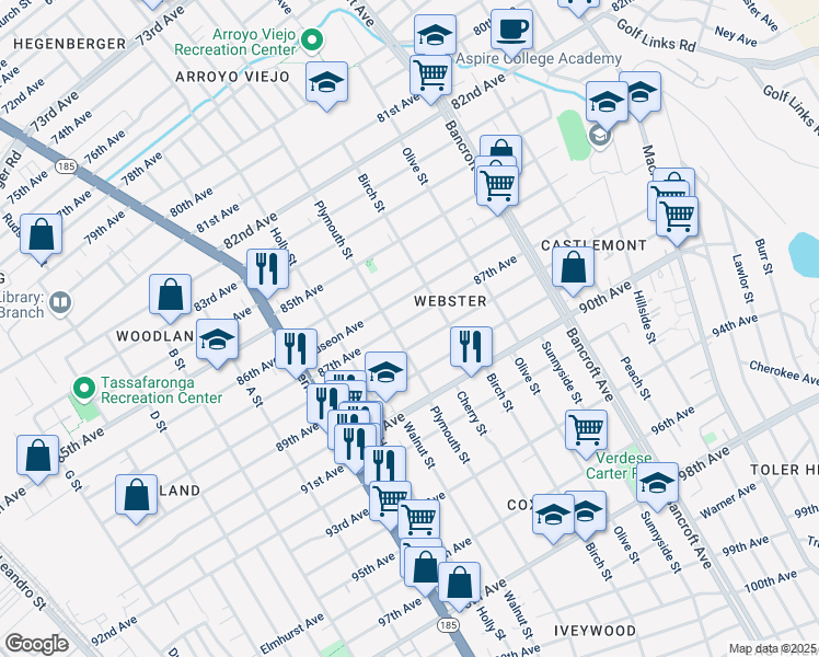 map of restaurants, bars, coffee shops, grocery stores, and more near 1720 87th Avenue in Oakland