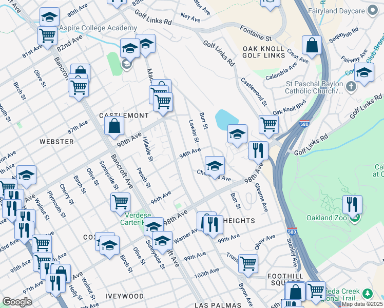 map of restaurants, bars, coffee shops, grocery stores, and more near 9403 Lawlor Street in Oakland