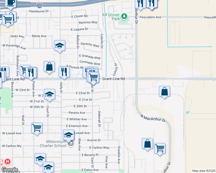 map of restaurants, bars, coffee shops, grocery stores, and more near 360 East Grant Line Road in Tracy