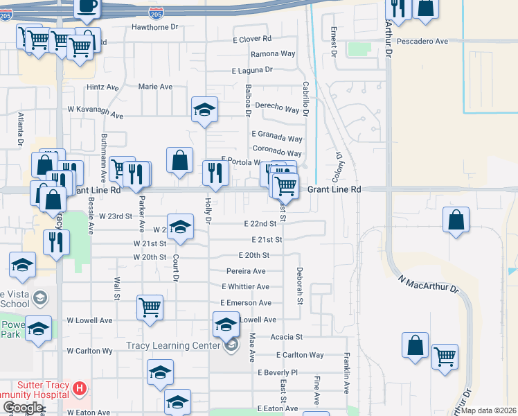 map of restaurants, bars, coffee shops, grocery stores, and more near 2365 East Street in Tracy