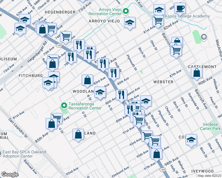 map of restaurants, bars, coffee shops, grocery stores, and more near 1351 85th Avenue in Oakland