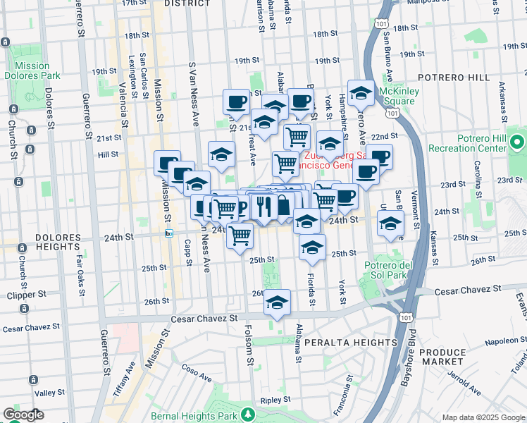 map of restaurants, bars, coffee shops, grocery stores, and more near in San Francisco