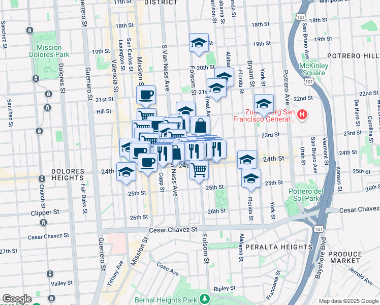 map of restaurants, bars, coffee shops, grocery stores, and more near 937 Shotwell Street in San Francisco