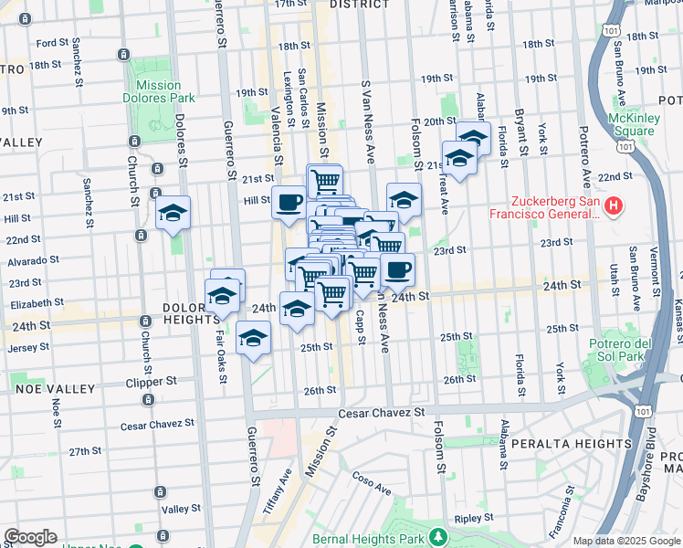 map of restaurants, bars, coffee shops, grocery stores, and more near 2738 Mission Street in San Francisco
