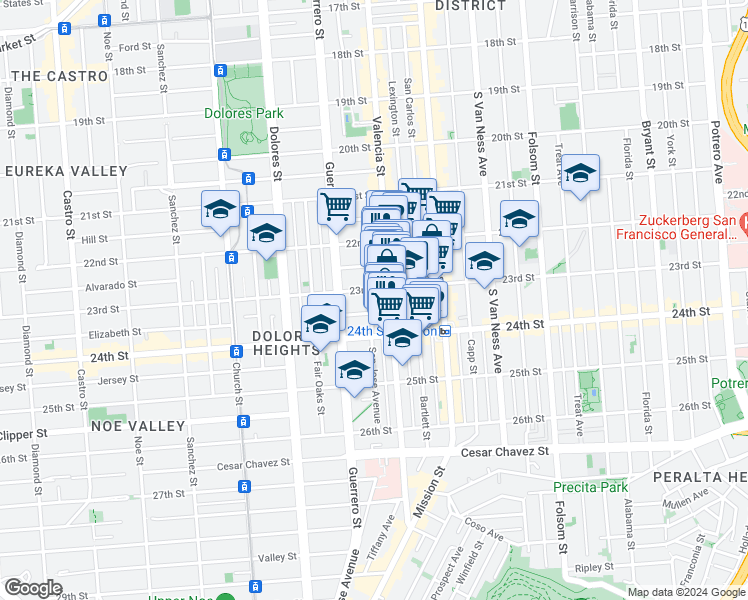 map of restaurants, bars, coffee shops, grocery stores, and more near 1184 Valencia Street in San Francisco