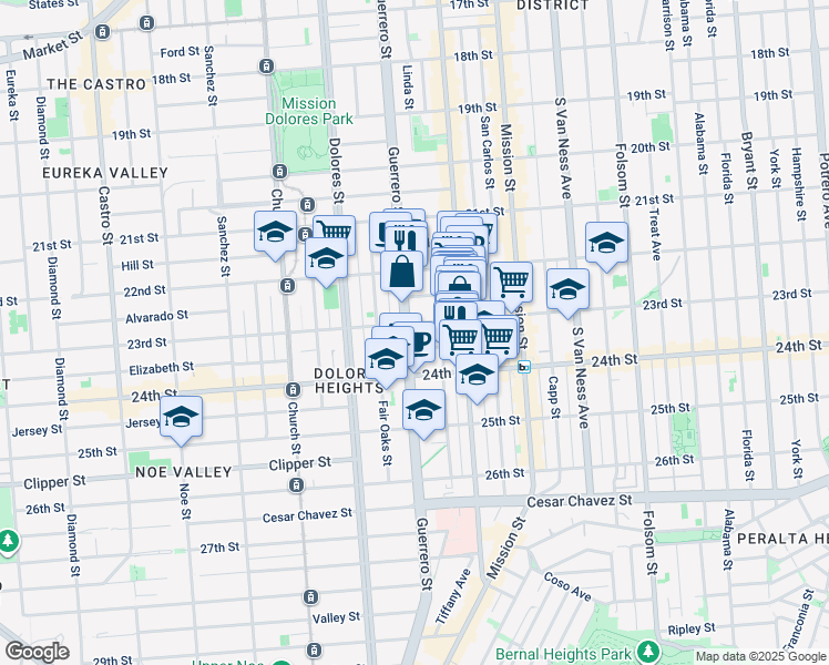 map of restaurants, bars, coffee shops, grocery stores, and more near 3555 23rd Street in San Francisco