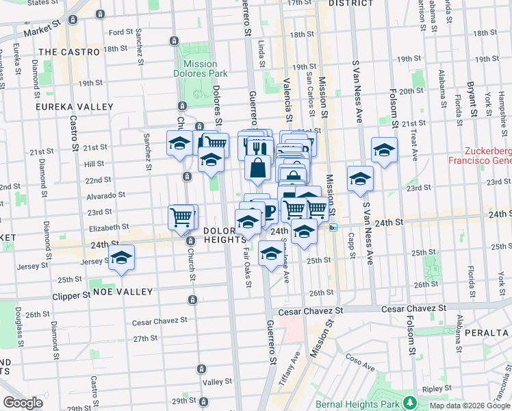 map of restaurants, bars, coffee shops, grocery stores, and more near 189 Fair Oaks Street in San Francisco