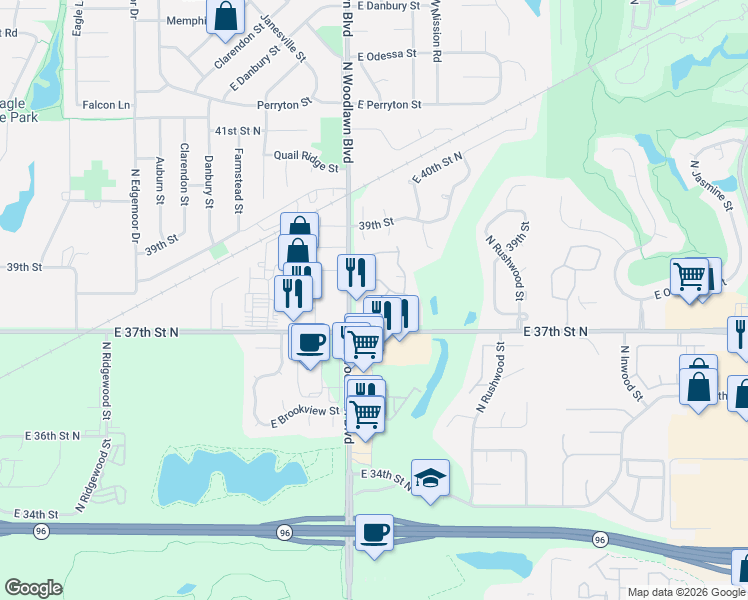 map of restaurants, bars, coffee shops, grocery stores, and more near 3 Chisholm Creek Drive in Wichita