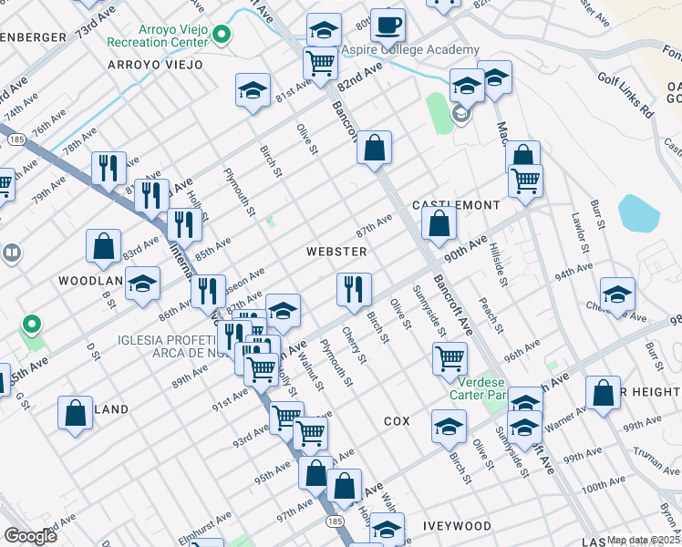 map of restaurants, bars, coffee shops, grocery stores, and more near 1902 88th Avenue in Oakland