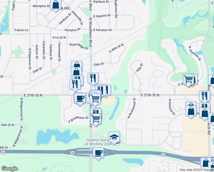 map of restaurants, bars, coffee shops, grocery stores, and more near 17 Chisholm Creek Drive in Wichita