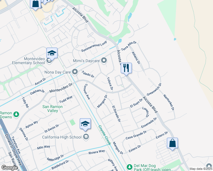 map of restaurants, bars, coffee shops, grocery stores, and more near 311 Santa Cruz Place in San Ramon