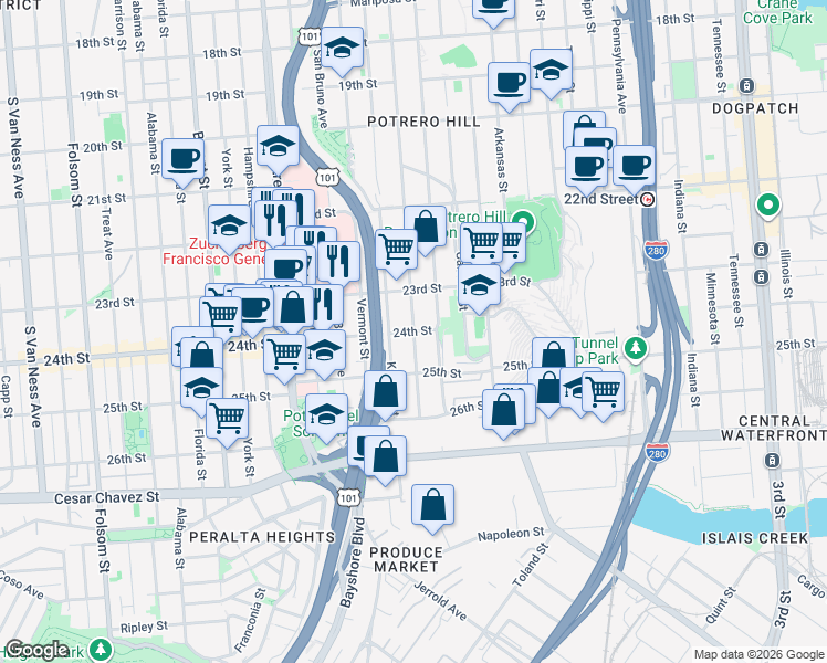 map of restaurants, bars, coffee shops, grocery stores, and more near 24th St & Rhode Island St in San Francisco