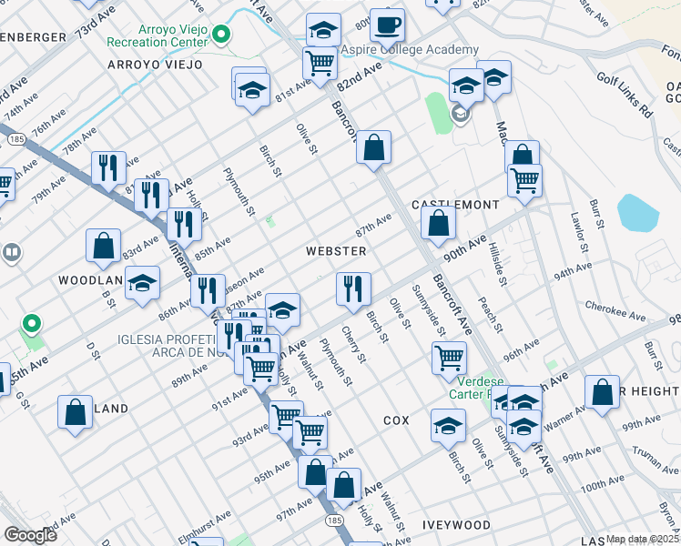 map of restaurants, bars, coffee shops, grocery stores, and more near 1902 88th Avenue in Oakland