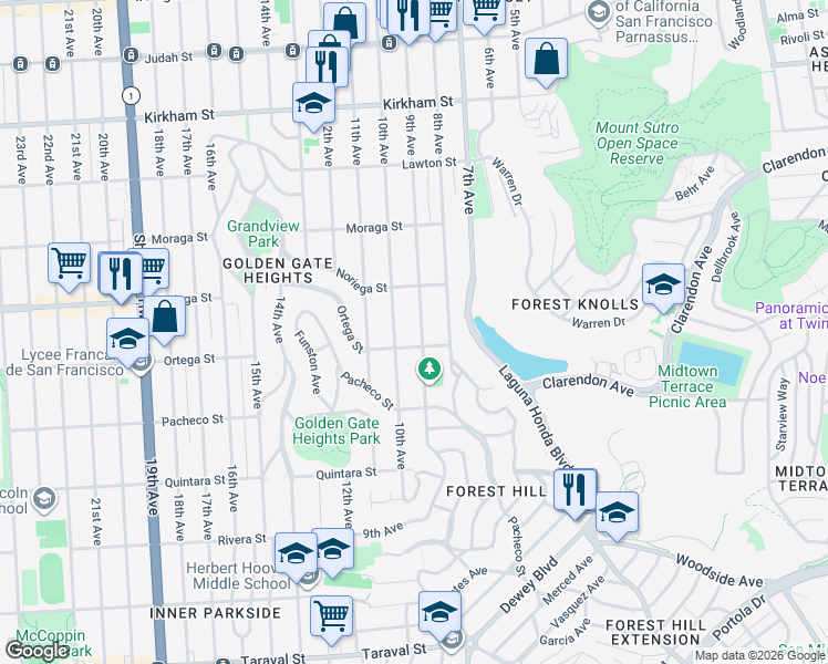 map of restaurants, bars, coffee shops, grocery stores, and more near 1875 9th Avenue in San Francisco