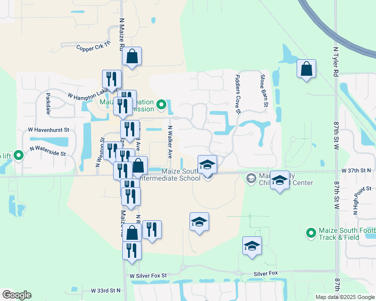 map of restaurants, bars, coffee shops, grocery stores, and more near 3825 North Watercress Court in Maize