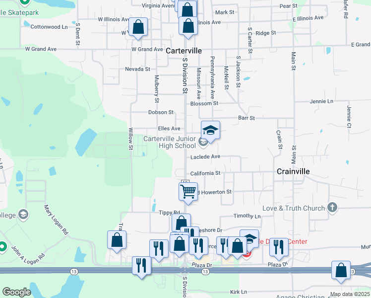 map of restaurants, bars, coffee shops, grocery stores, and more near 816 South Division Street in Carterville