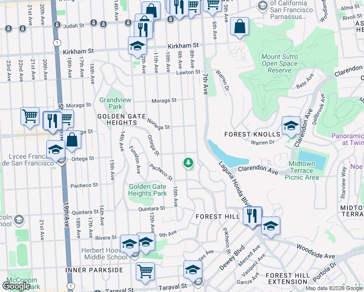 map of restaurants, bars, coffee shops, grocery stores, and more near 1875 9th Avenue in San Francisco