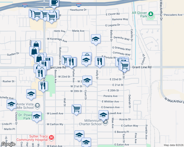 map of restaurants, bars, coffee shops, grocery stores, and more near 2331 Holly Drive in Tracy