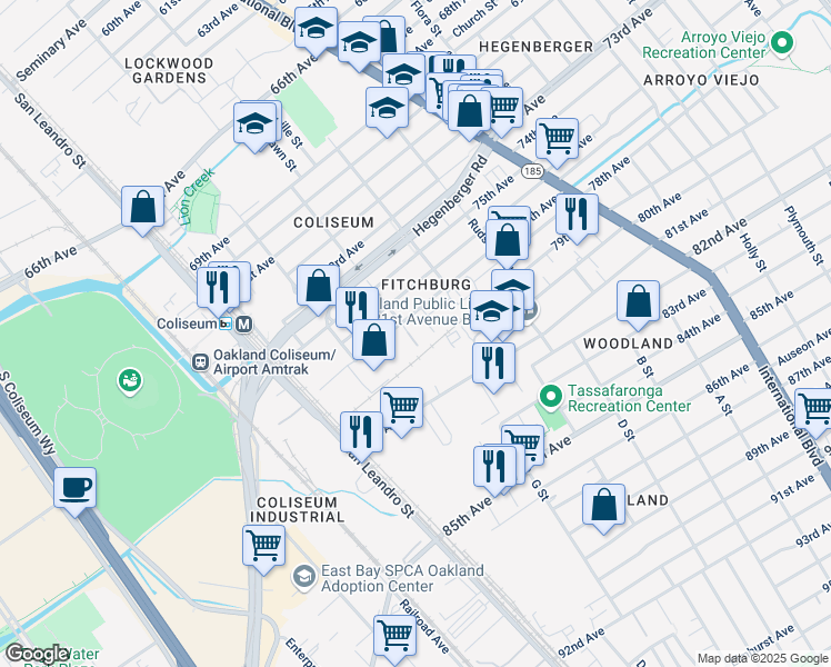 map of restaurants, bars, coffee shops, grocery stores, and more near 1002 77th Avenue in Oakland